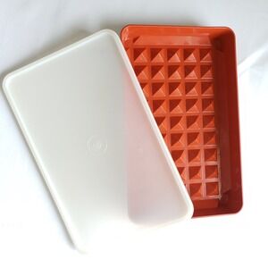 Tupperware Hot Dog Keeper 1292-2 with Lid Dark Orange Refrigerator Container Vtg